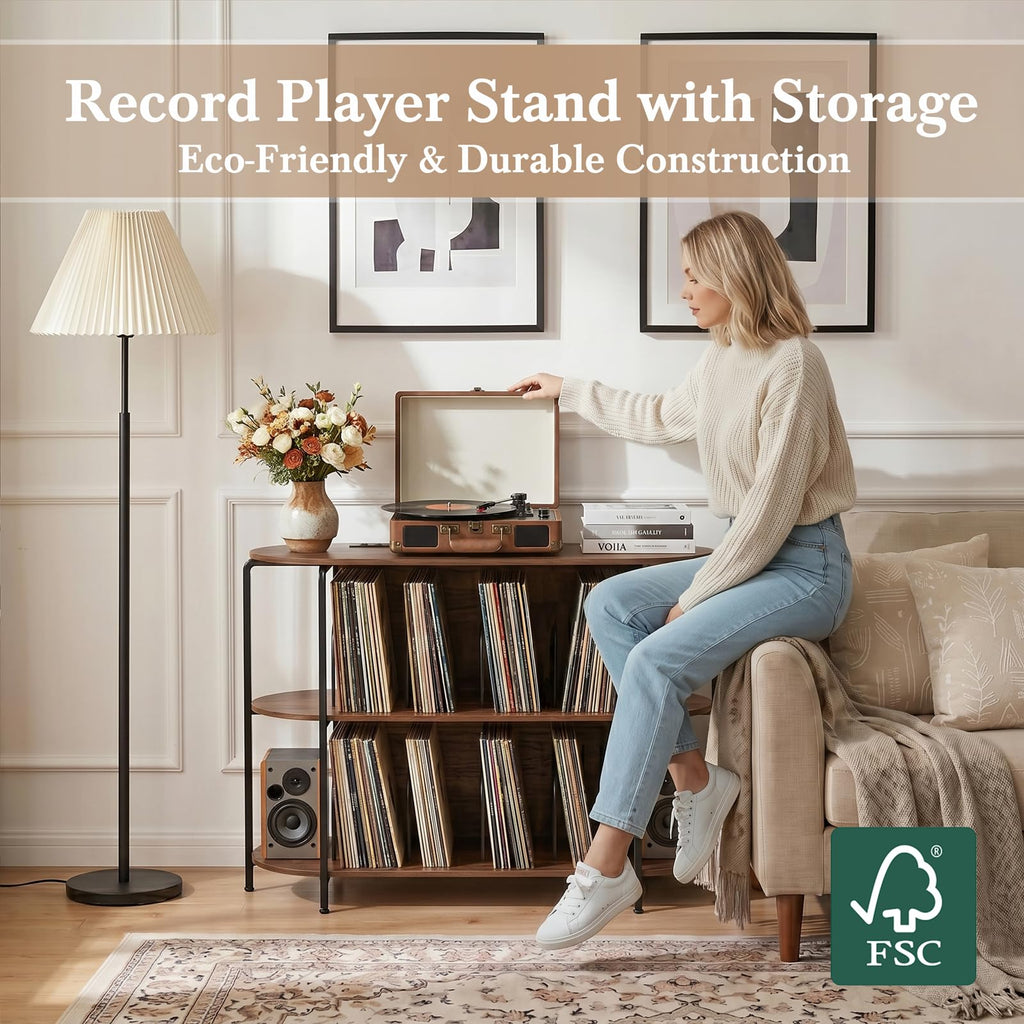 43.3" Record Player Stand with Power Outlets, 3-Tier Vinyl Record Storage Cabinet Holds Up to 400 Albums, Turntable