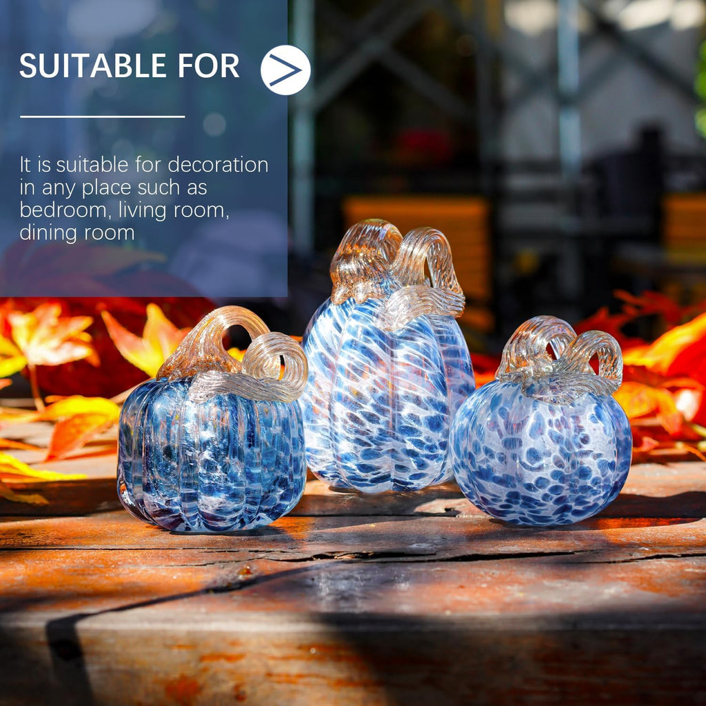 Blown Glass Blue Pumpkins Fall Harvest Halloween Table Decor - Set of 3