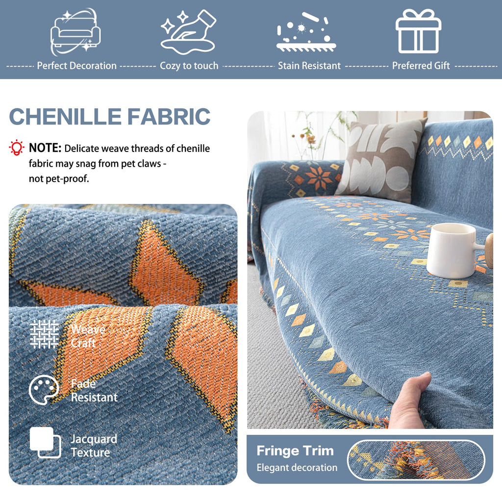 Blue Boho Couch Cover Geometric Jacquard Sofa Covers for 2 Cushion Couch Loveseat Couch Cover for Pets Dogs Vintage