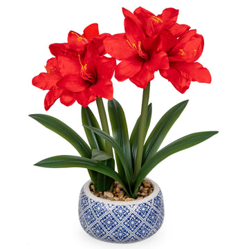 Red Artificial Amaryllis in Blue and White Ceramic Pot, 18.5 in