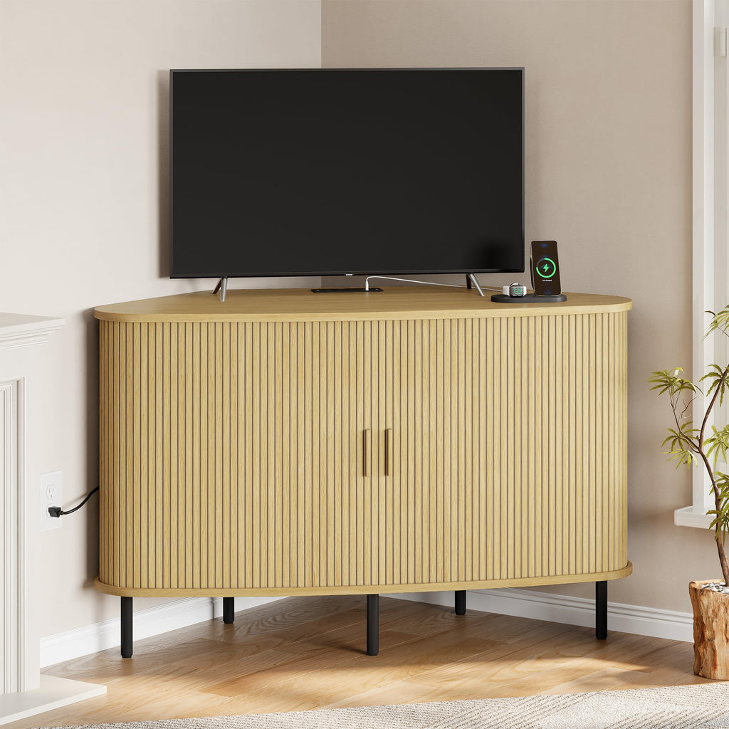 47" Corner TV Stand, Fluted TV Cabinet for 55 Inch TVs, Oak