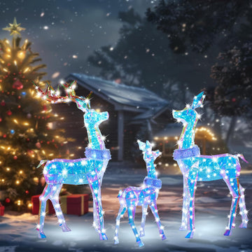 54 Inch 3D Colorful Large Lighted Christmas Deer Decorations 3-Piece Outdoor Holiday Decorations Reindeer Set
