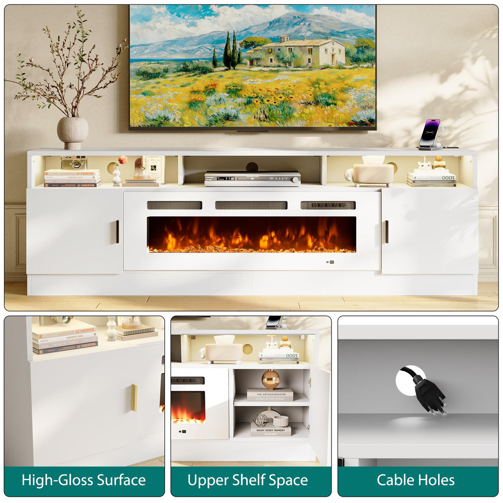 78" Fireplace TV Stand with Power Outlet for TVs Up to 90", Electric Fireplace Entertainment Center with LED Lights &