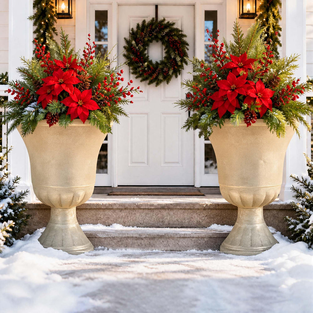 22" Tall Urn Planters Set of 2 Large Flower Pots, Antique Ivory