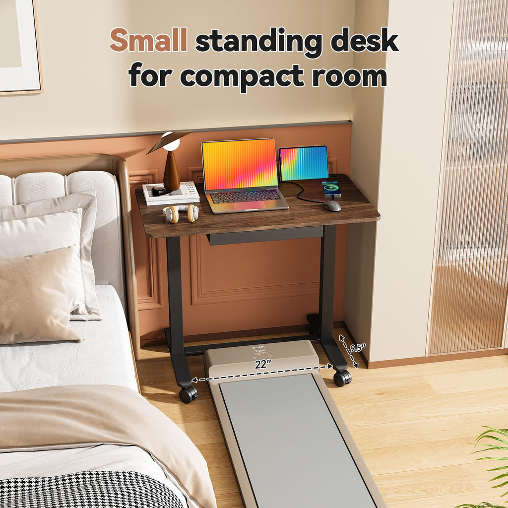 Mobile Standing Desk with Drawer, Height Adjustable, 35" Walnut