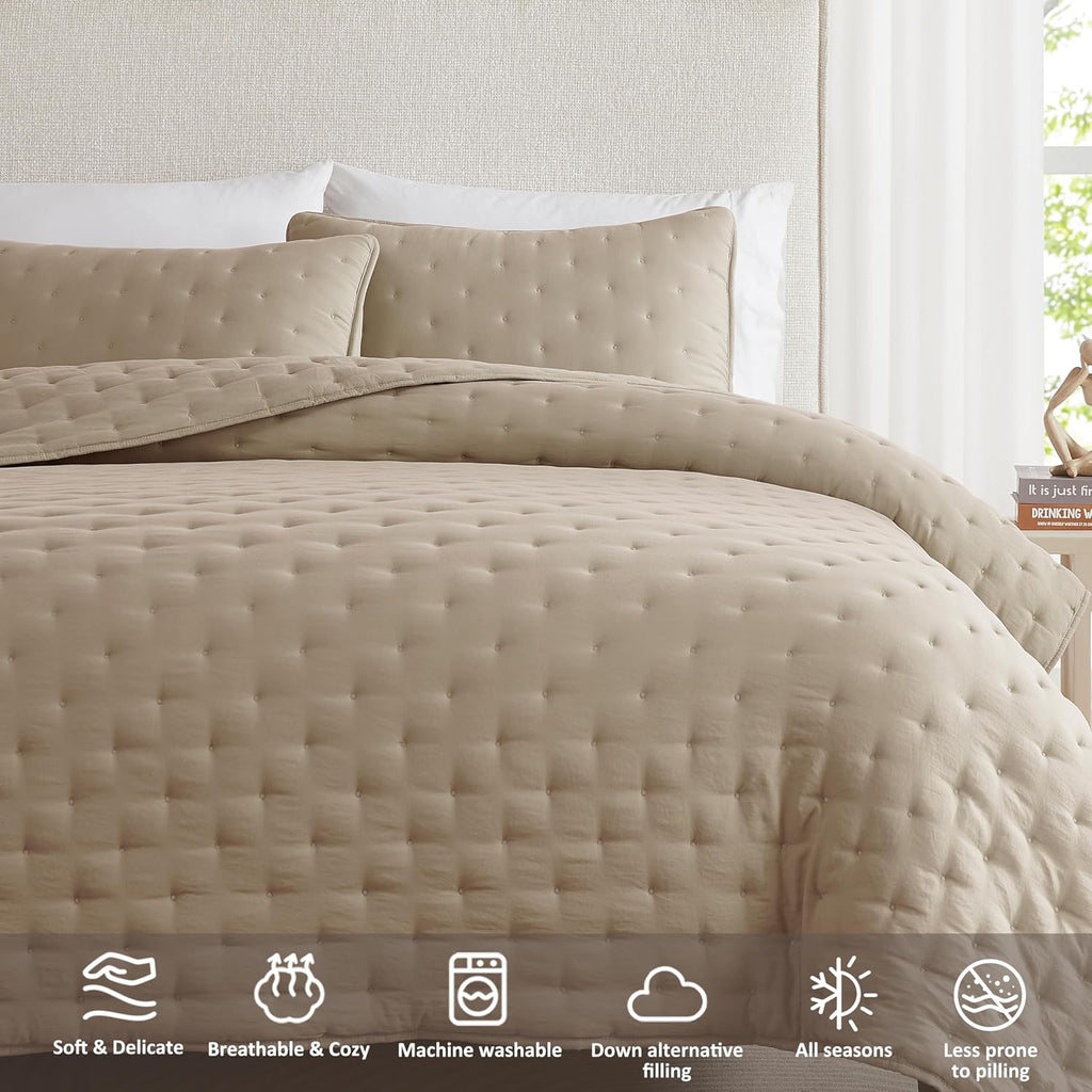 Beige Cloud King Quilt Set, Tan Lightweight Farmhouse Bedspread, Rustic Country Coverlet, Taupe Camel Soft Bedding