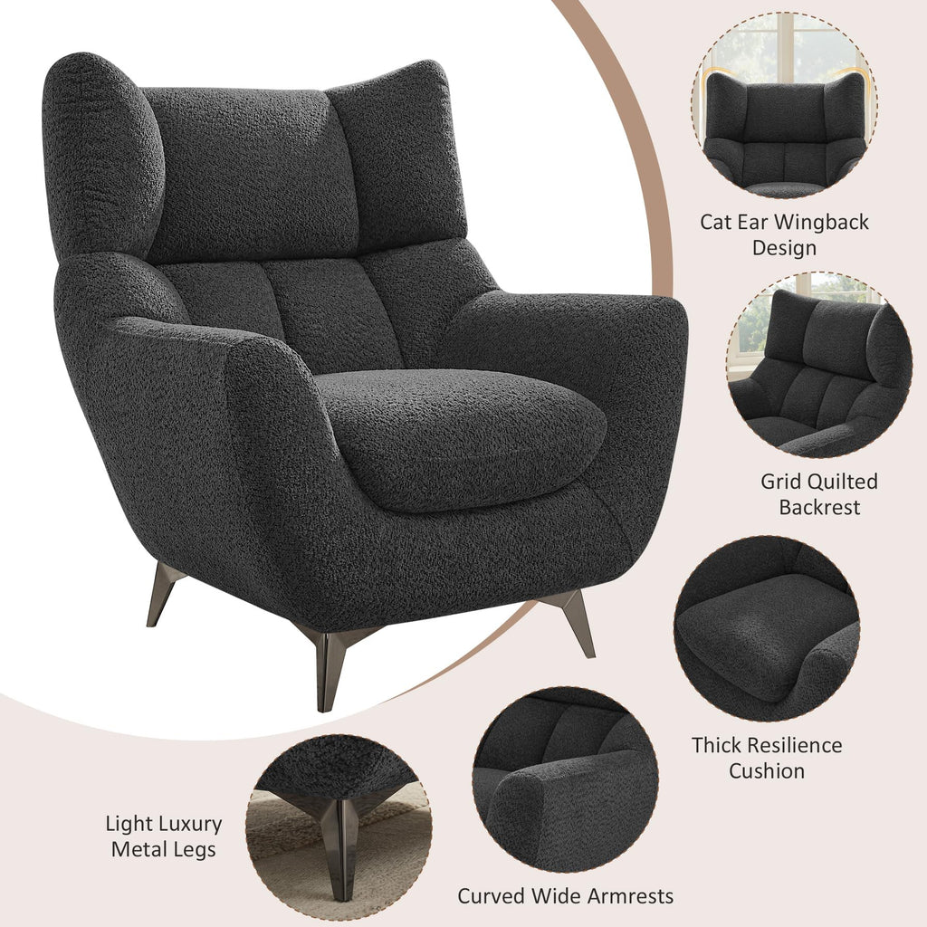 34.6" Oversized Accent Chair with WingBack, Teddy Boucle Grey