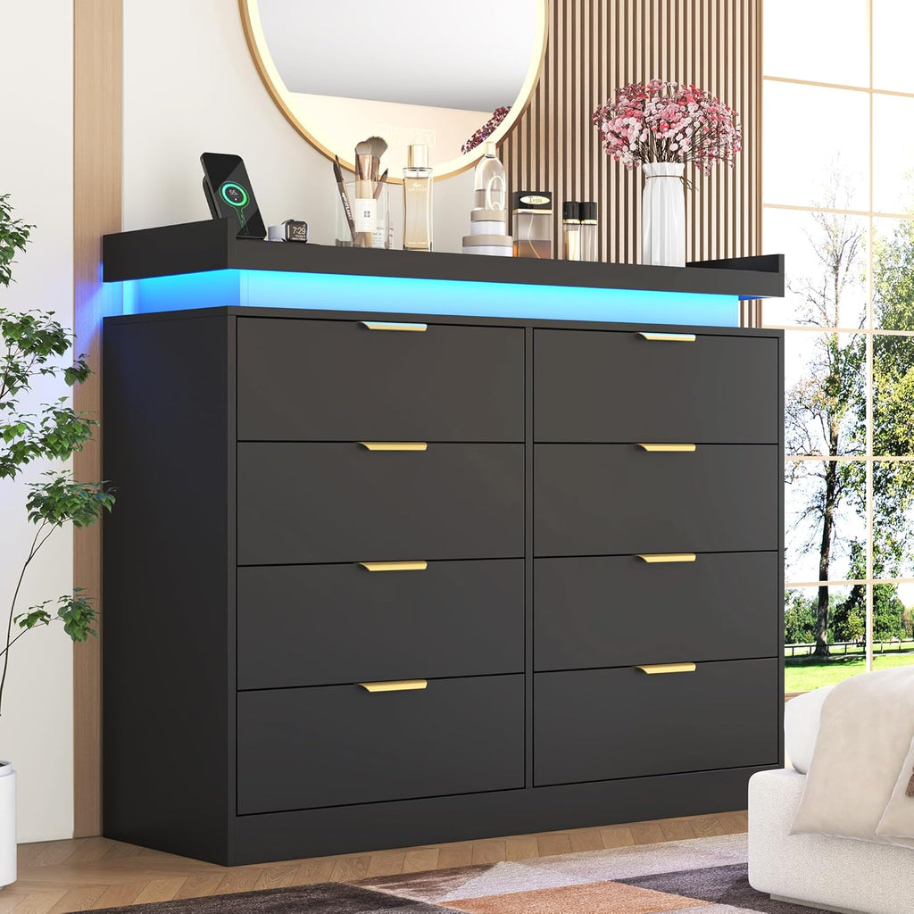 8 Drawer Dressers , Black Dresser with LED Lights and Power Outlet, Wood LED Dresser, Double Wide Modern Chest of