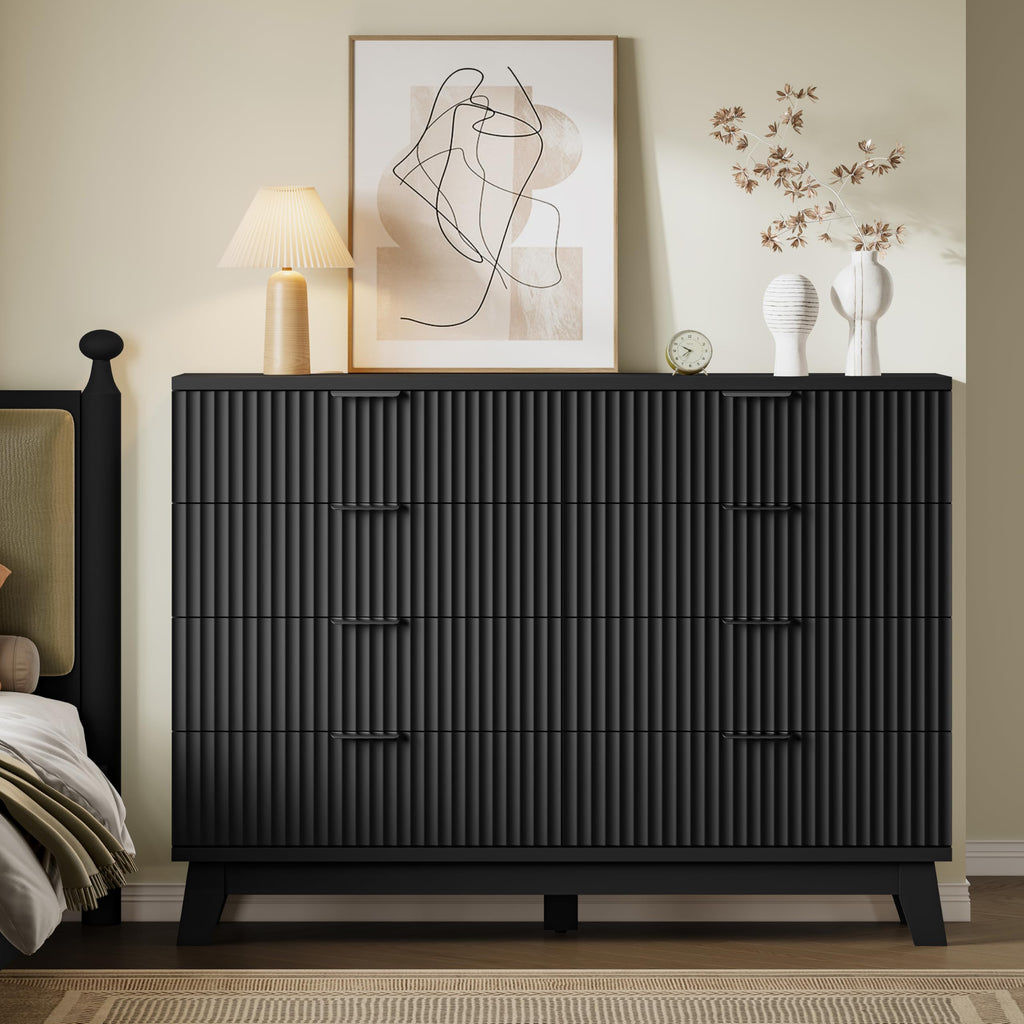 53" Wide, 8-Drawer Fluted Chest of Drawers, Modern Wood Highboy with Metal Slides and Handles, Anti-Tip Kit