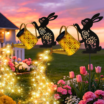 Watering Can Lights, 2 Pack Bunny Hanging Lantern Solar Lights Outdoor, Rabbits Lover Gifts for Mom Women Birthday