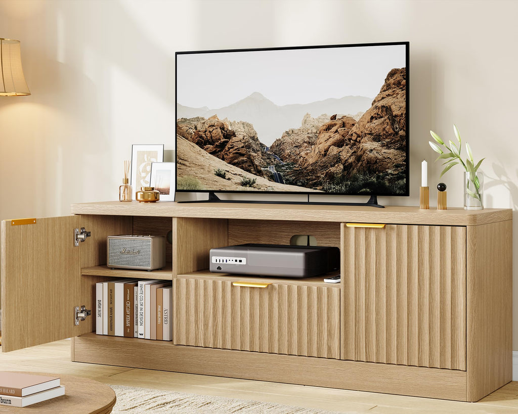 55" TV Stand for TVs Up to 65", Modern Fluted Entertainment Center with Drawer and Open Shelf, Media Console Table