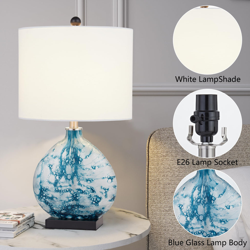 24" Coastal Glass Table Lamp, 3-Way Dimmable Blue Glass Bedside Lamp with White Drum Shade Bedroom Nightstand