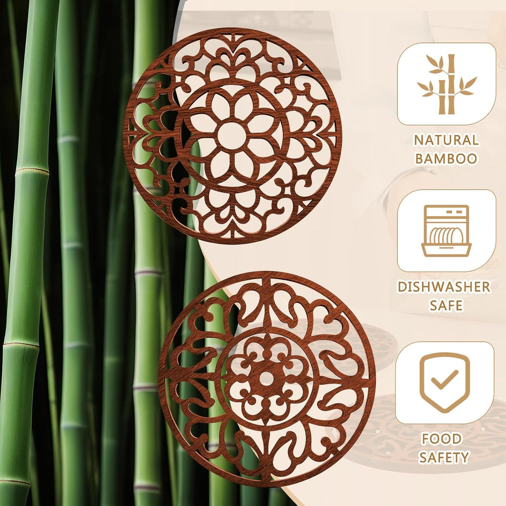 Bamboo Trivet Mat for Hot Dishes, 7.9 Inches Round Pot Holders Non Slip Coaster for Hot Dishes Pot Bowl Teapot - Set of 2