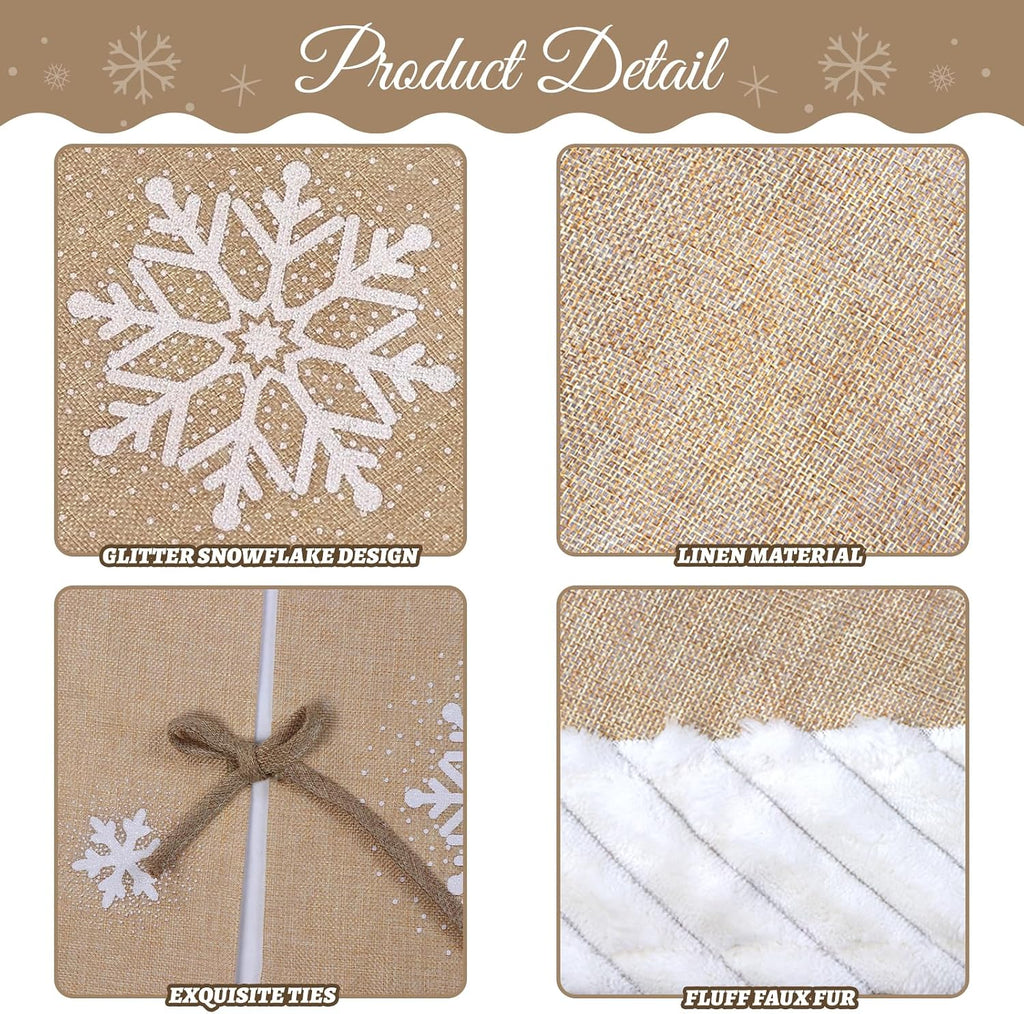 Christmas Tree Skirt 60 inches, Burlap Tree Skirt for 7.5 ft Tree to 9 ft Tree, Large Snowflake Tree Skirt with Faux