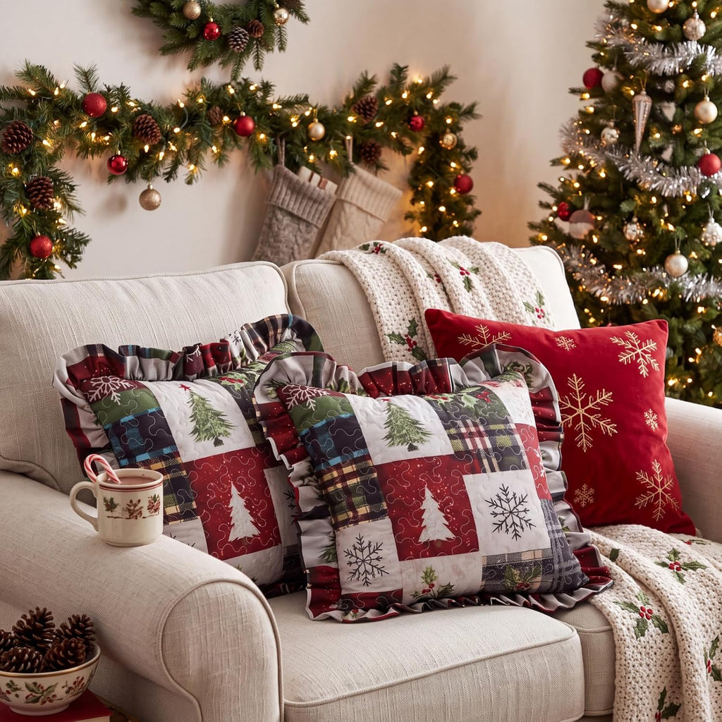 Christmas Tree Quilted Pillow Covers 18 x 18 Inch Farmhouse - Set of 2