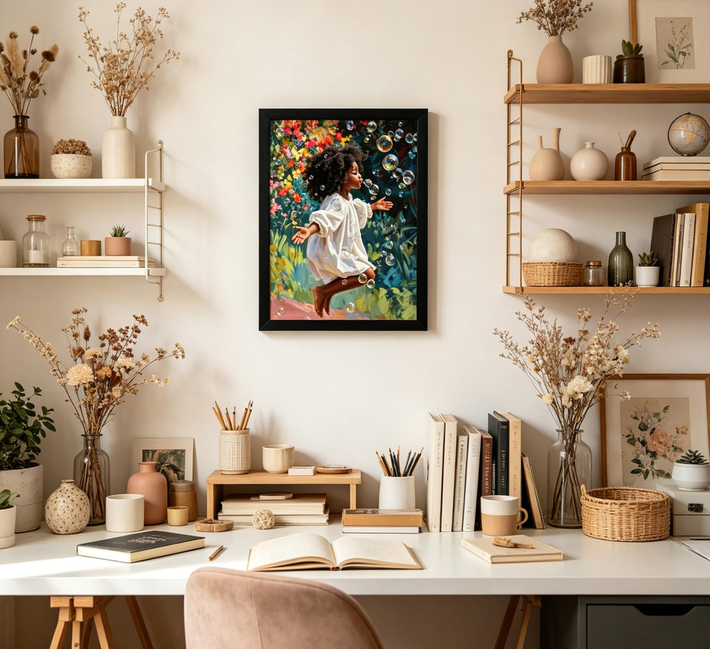 Framed Black Gir Wall Art, Beautiful Bubbles Painting Canvas Prints, African American Picture Wall Decor, Elegant