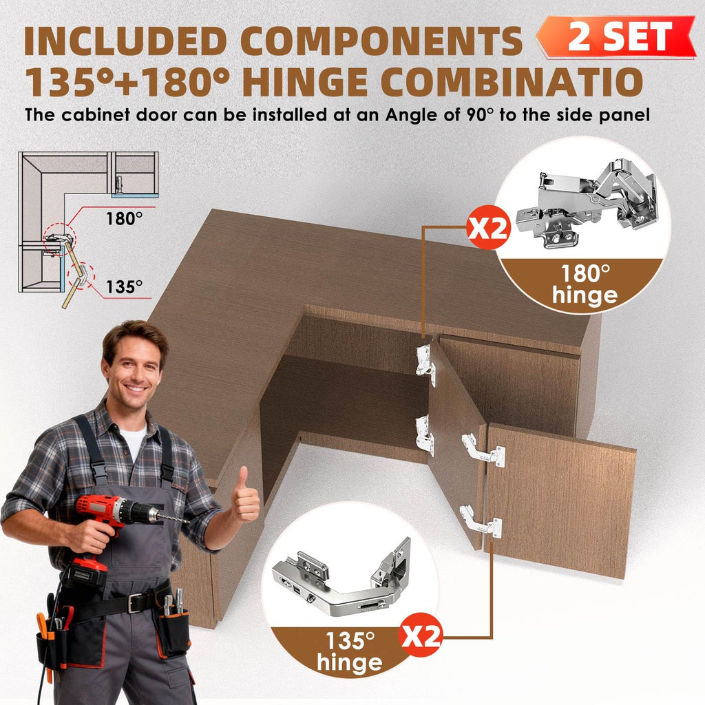 Corner Cabinet Hinge, Soft Close Lazy Susan Hinge 180°&135° for Bifold Door