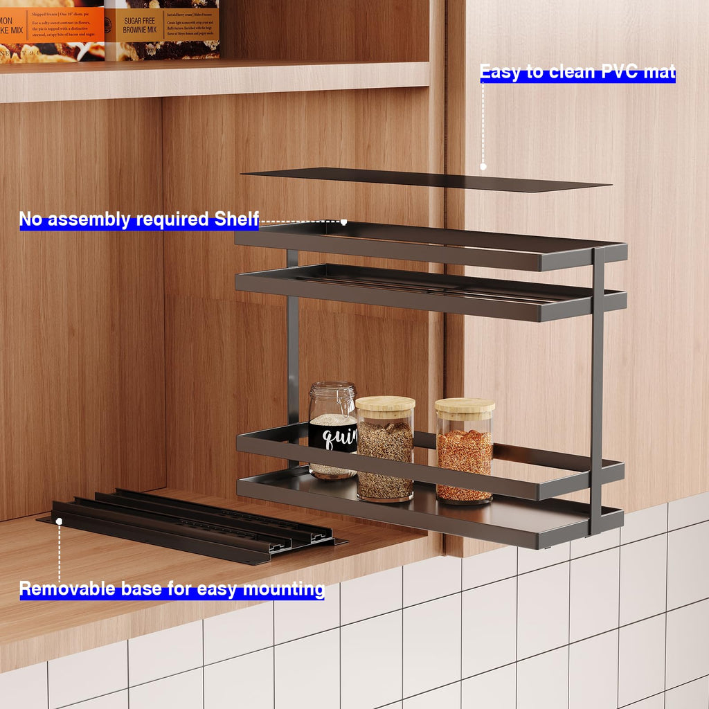 2 Pack Pull Out Spice Rack Organizer for Cabinet, 2 Tier Metal Slide Out Seasoning Organizer and Storage Heavy Duty