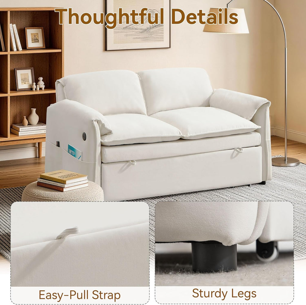 63" 3-in-1 Velvet Convertible Sleeper Sofa Bed, Modern Adjustable Backrest Loveseat Pull Out Couch with USB & Side