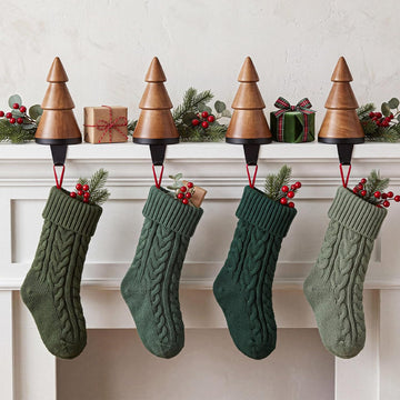 4 Pack Wooden Christmas Tree Stocking Holder for Mantle, Brown