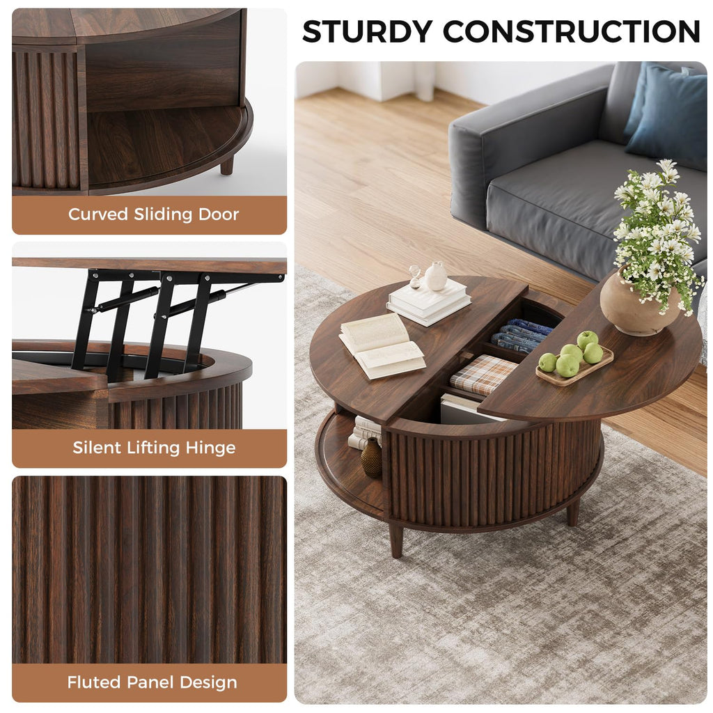 Lift Top with Storage, Fluted Round Center Table with Sliding Cabinet Door, Small Circle Table, Walnut