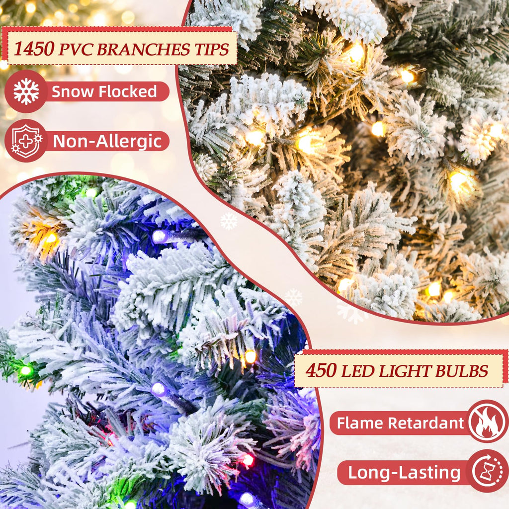 7.5FT Pre-lit Snow Flocked Christmas Tree with Remote Control, Convenient Foot Switch, 9 Modes 450 Multicolor LED