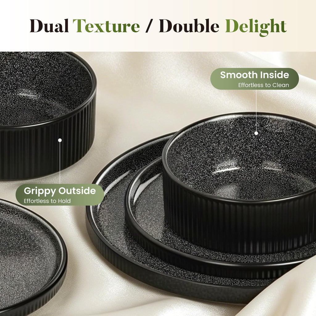 Stoneware Dinnerware Set for 4, Ribbed Plates and Bowls