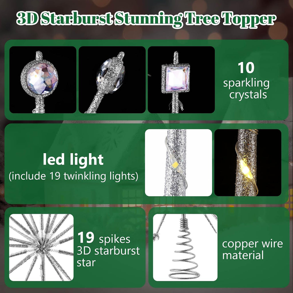 Christmas Tree Topper, with Crystal, Battery Operated, Silver