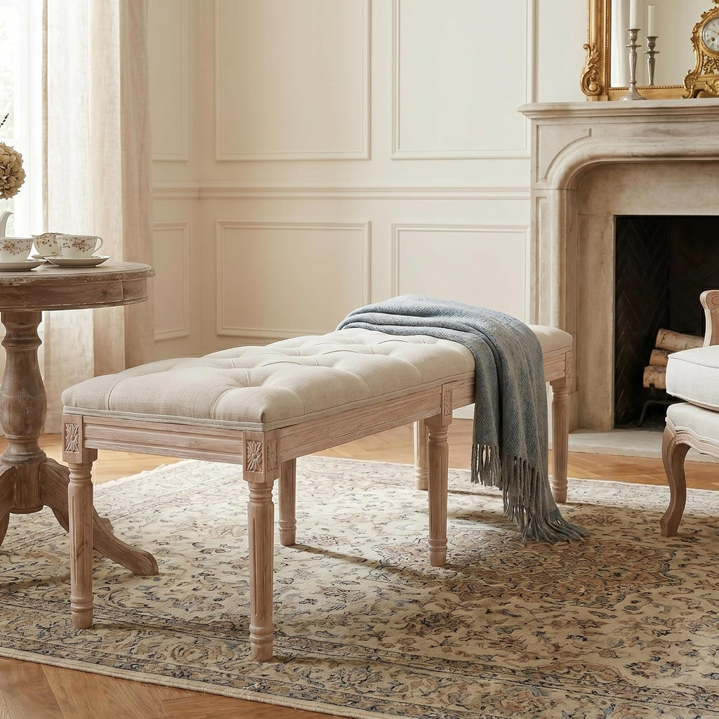 47.2" Vintage Tufted Entryway Upholstered Linen Chaise Bench with RubberWood Legs, End of Bed Bench , Indoor Extra