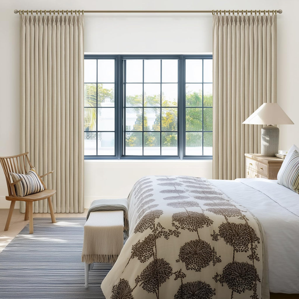 Heavy Natural Linen 100% Light Blocking Curtains & Drapes 96 Inches Long 2 Panels Set, Neutral Pinch Pleated Black