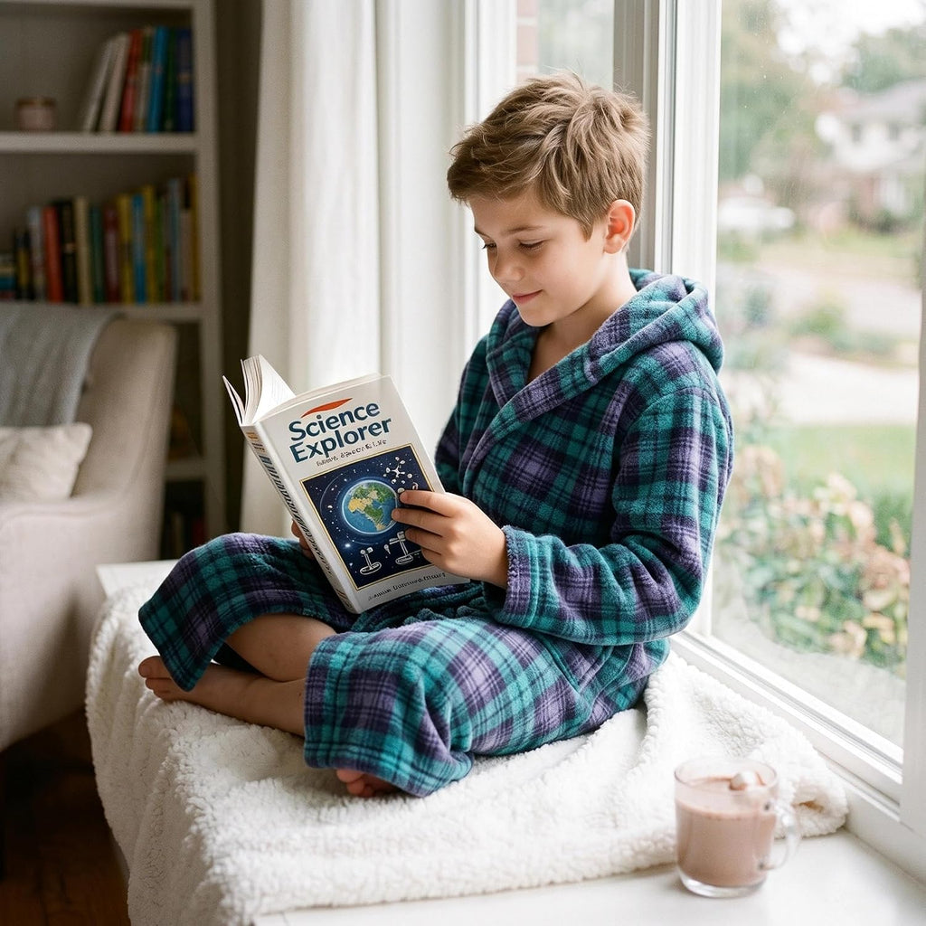 Boys Fleece Hooded Robe, Soft Print Bathrobe Kids 5-14(Green Plaid7-8)