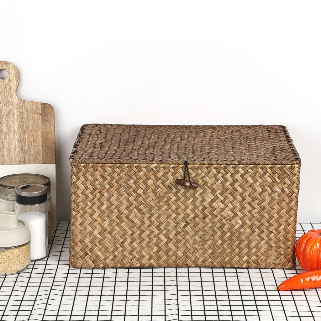 Wicker Shelf Baskets Bin with Lid Woven Storage Box, Coffee X-Large