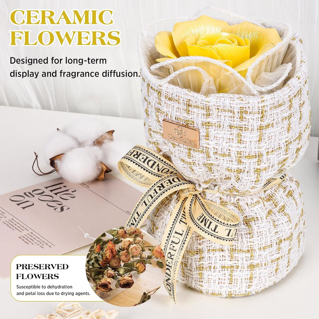 Yellow Ceramic Rose Bouquet for Essential Oil-Ceramic Diffuser for Small Mini Room(Passive Diffuser Aroma Stone)The