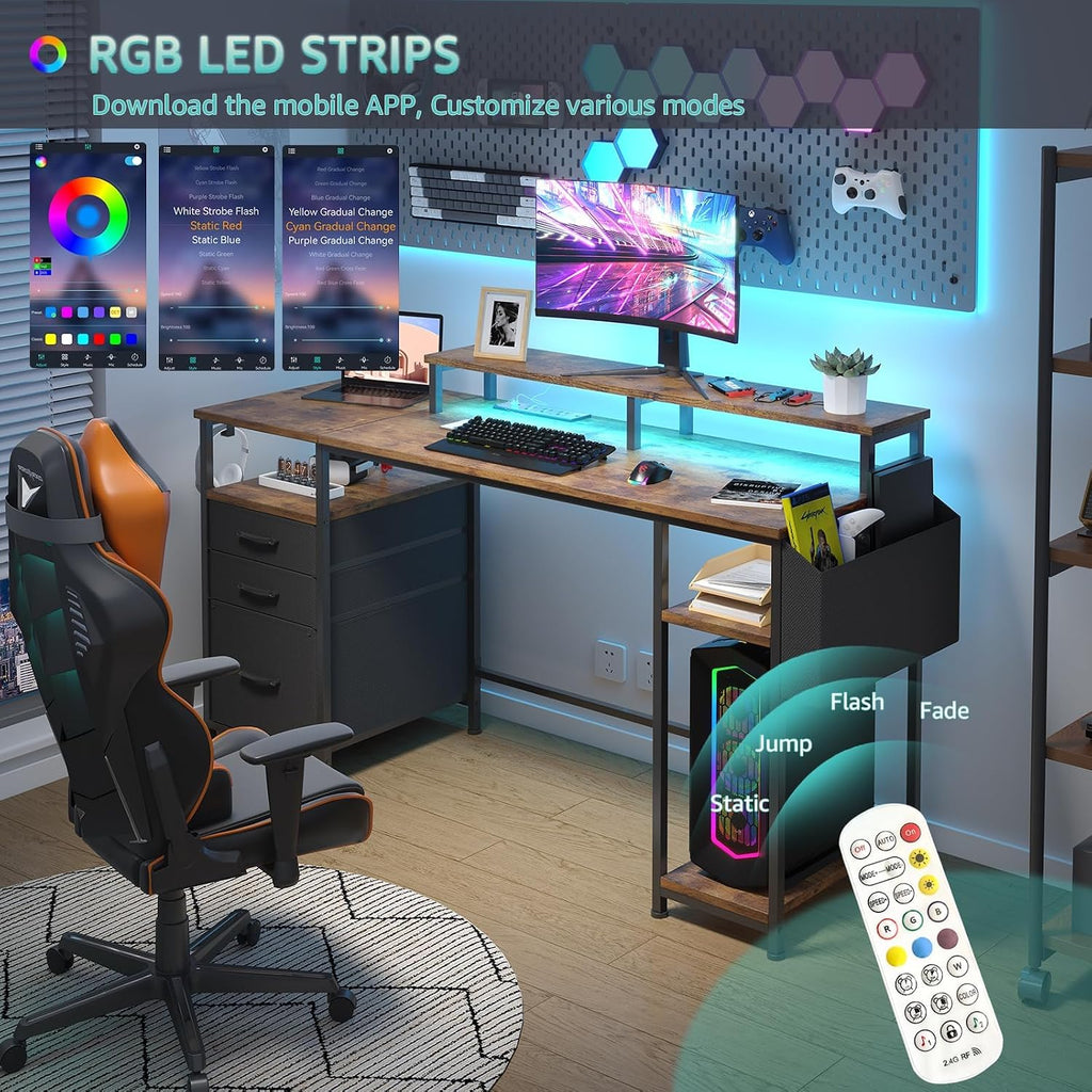 Gaming Desks with Led Lights and Power Outlets, 55 Inch Study Writing Computer Desk with Fabric File Drawers Cabinet