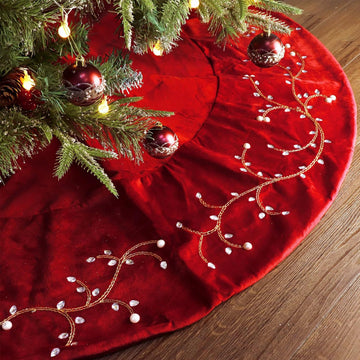 Christmas Tree Skirt, 60 inches Classic Large Velvet Fur Plush Red Tree Skirt, Baroque Tree Skirts with Gold