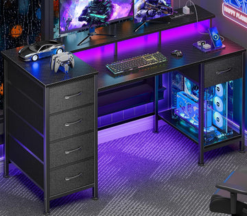 47 Inch Computer Gaming Desk with Power Outlets & LED Lights Reversible Home Office Desk with Adjustable 5 Fabric