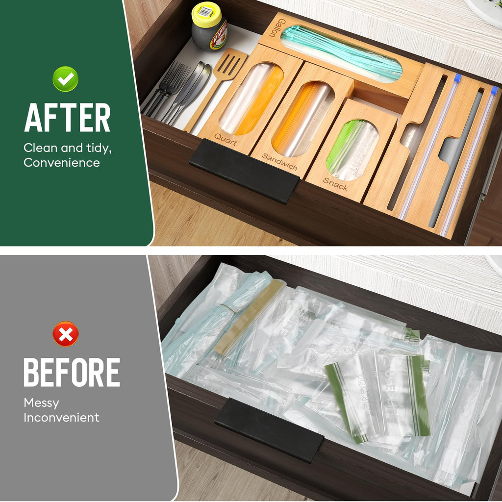 Storage Bag Organizer Drawer, 5-Slot, Bamboo