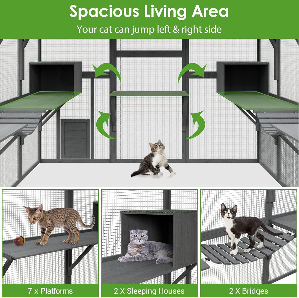 Large Wooden Outdoor Cat House, 57.2ft2 Cat Run Enclosure Walk in Catio Kitten Condo with 2 Doors, 2 Playpen & Hiding