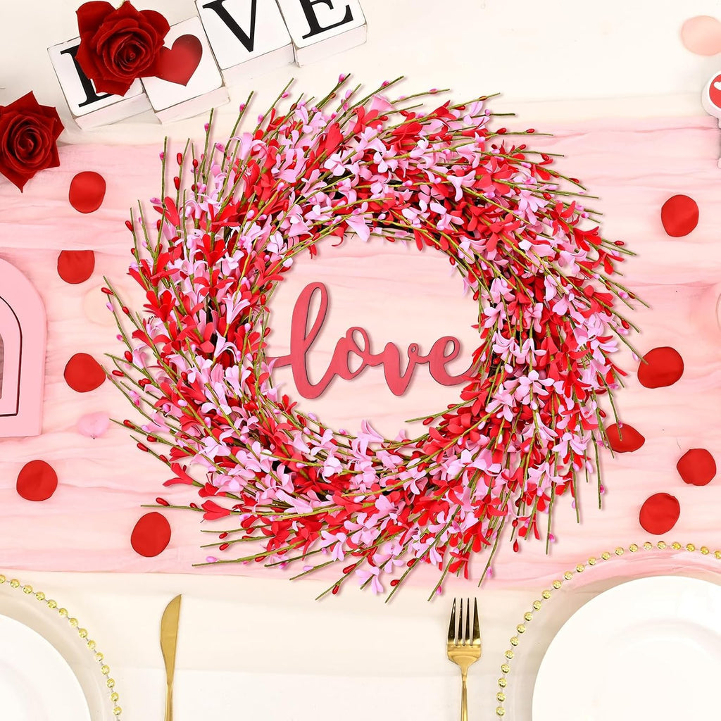 20IN Valentines Wreaths for Front Door Decorations, Pink Forsythia Valentine Wreath, Spring Summer Wreath