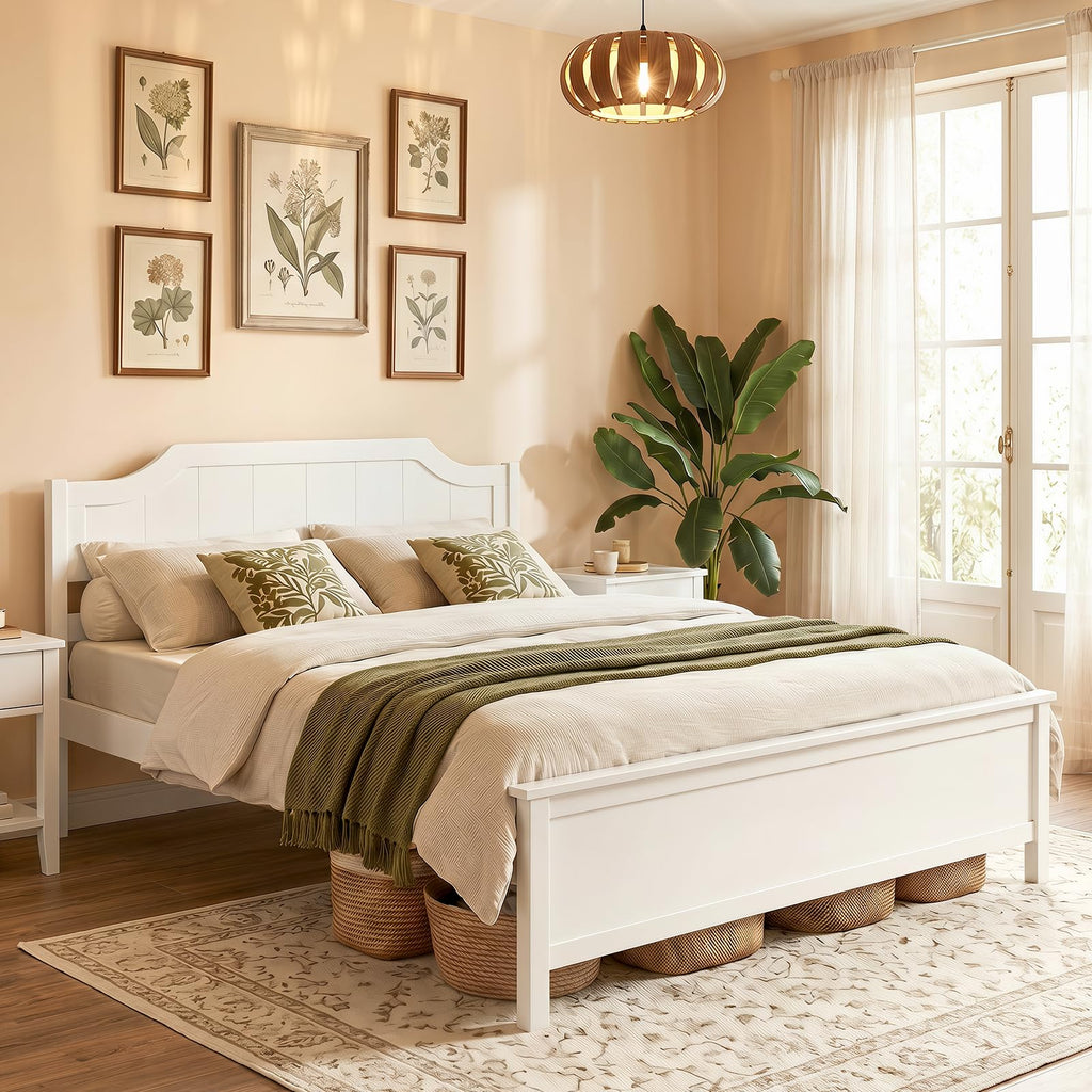 Queen Size Wooden Bed Frame with Headboard, Wood Slat Support
