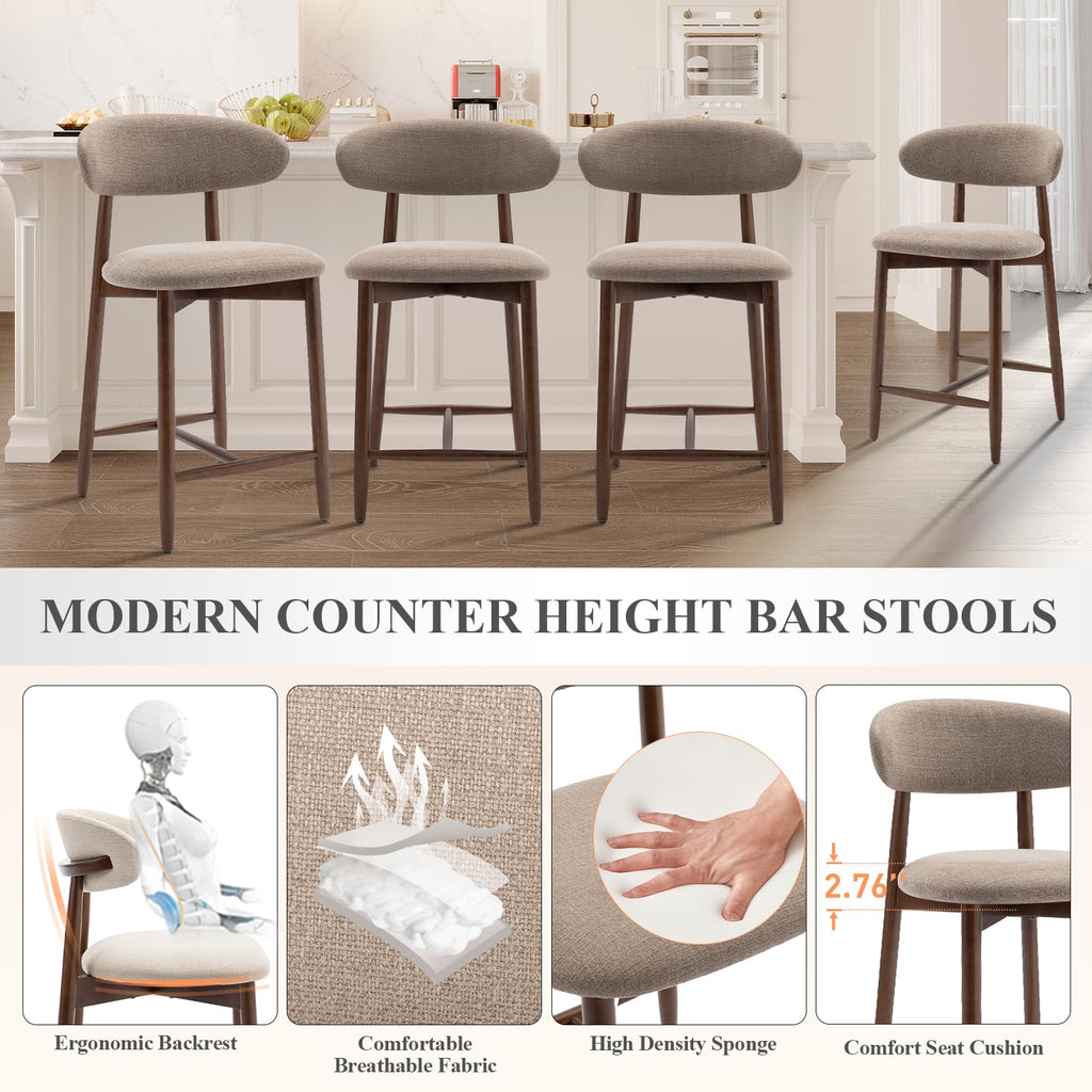 Bar Stools Set of 2, Counter Height BarStools with Back, Mid Century Modern Upholstered, with Wood Legs Island Dining