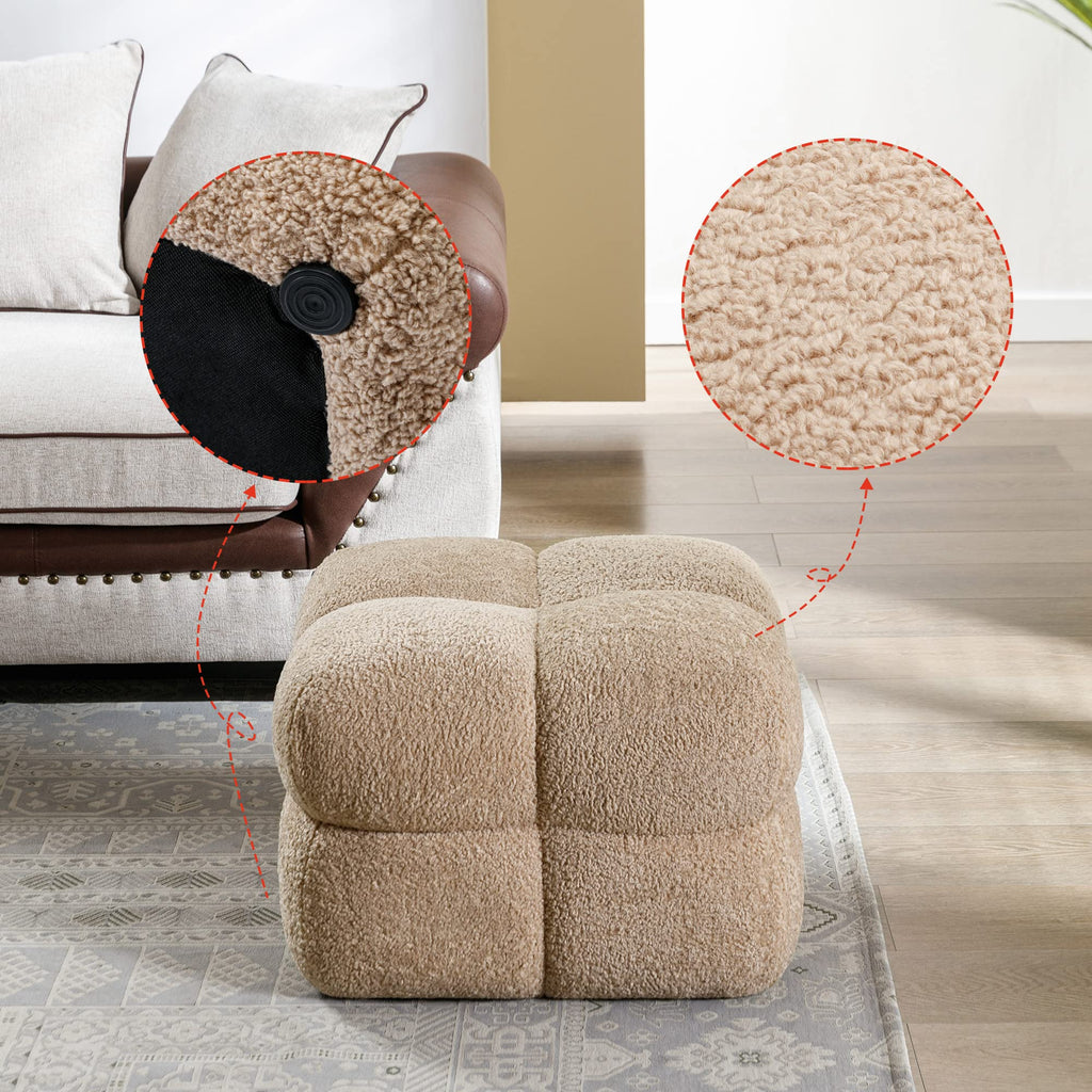 21" W Pouf Ottoman Foot Rest, Large Square Foot Stool for Couch, Upholstered Boho Ottoman with Teddy Fabric for
