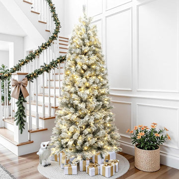 LuxenHome 7FT Prelit Flocked Slim Spruce Christmas Tree