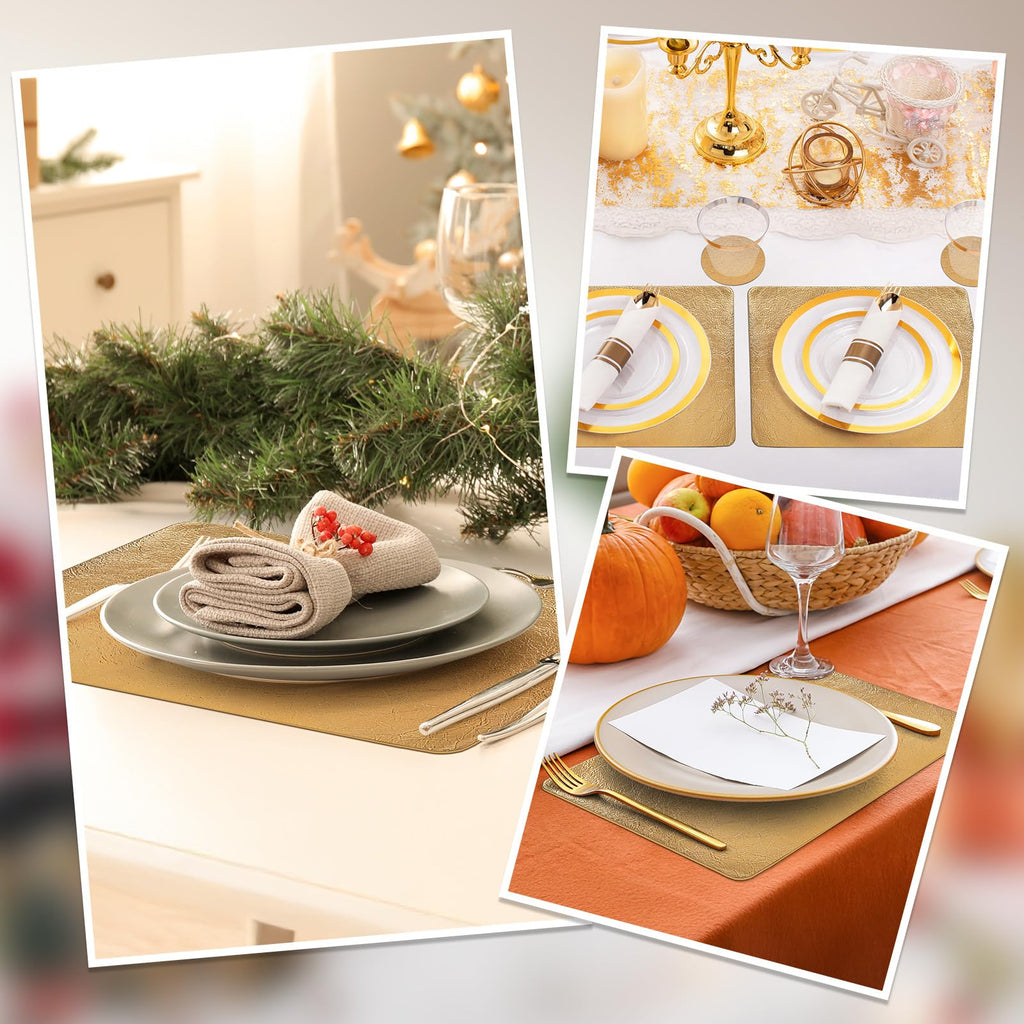 Faux Leather Placemats Set of 6 with Coasters, 12x17inch Non-Slip Heat Resistant Dual-Sided Gold Crackled Place Mats