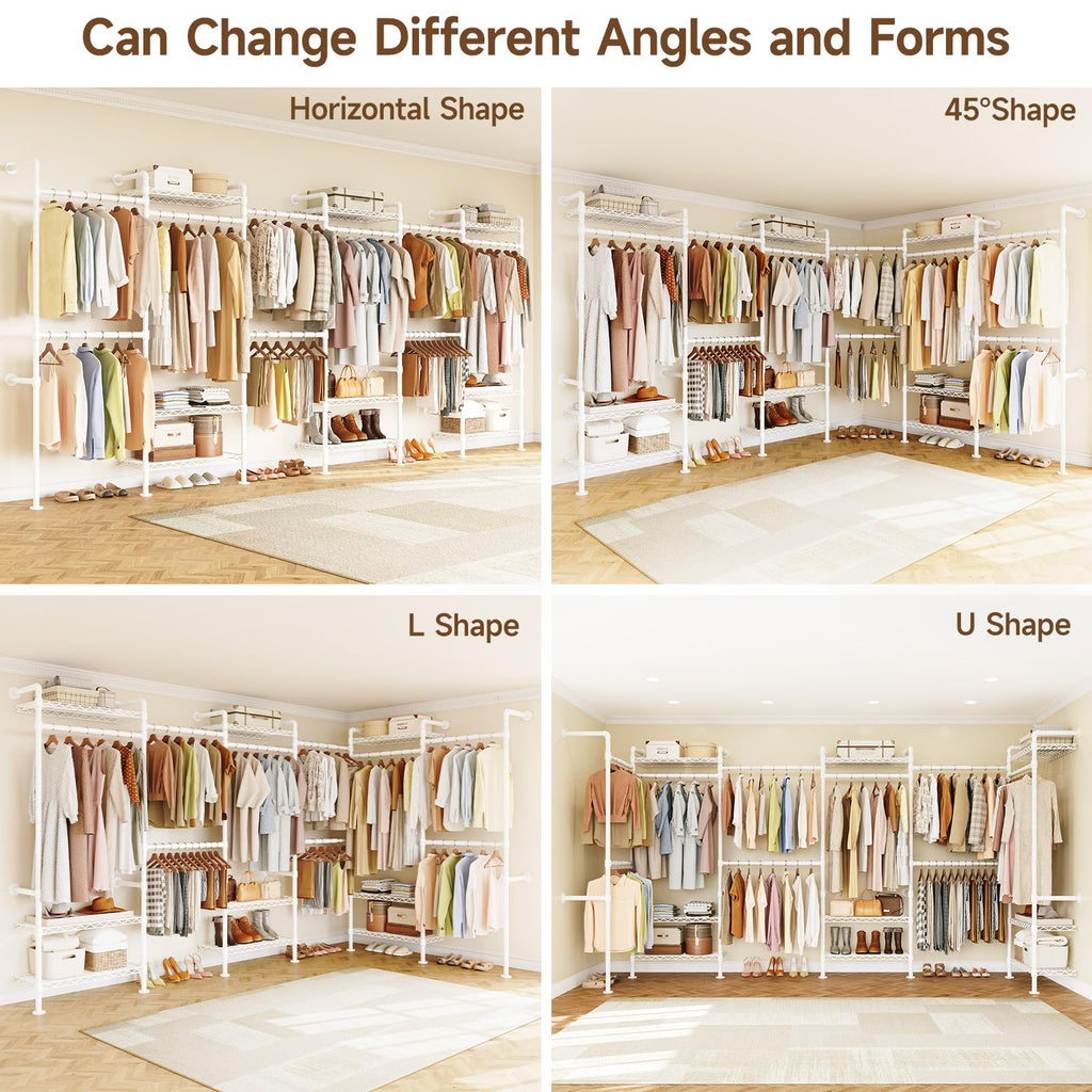 H6 Wall Mounted Closet System, Industrial Pipe Clothes Rack Clothing Racks with 6 Telescopic Rods & 3 Fixing Rods & 9