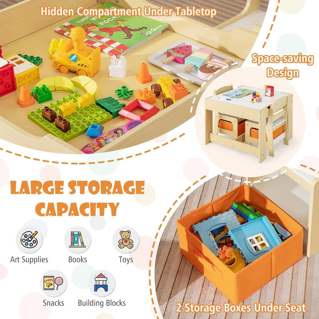 Kids Table and Chairs, in-1 Children Wooden Activity Set with Storage, Detachable Tabletop, for Art, Craft