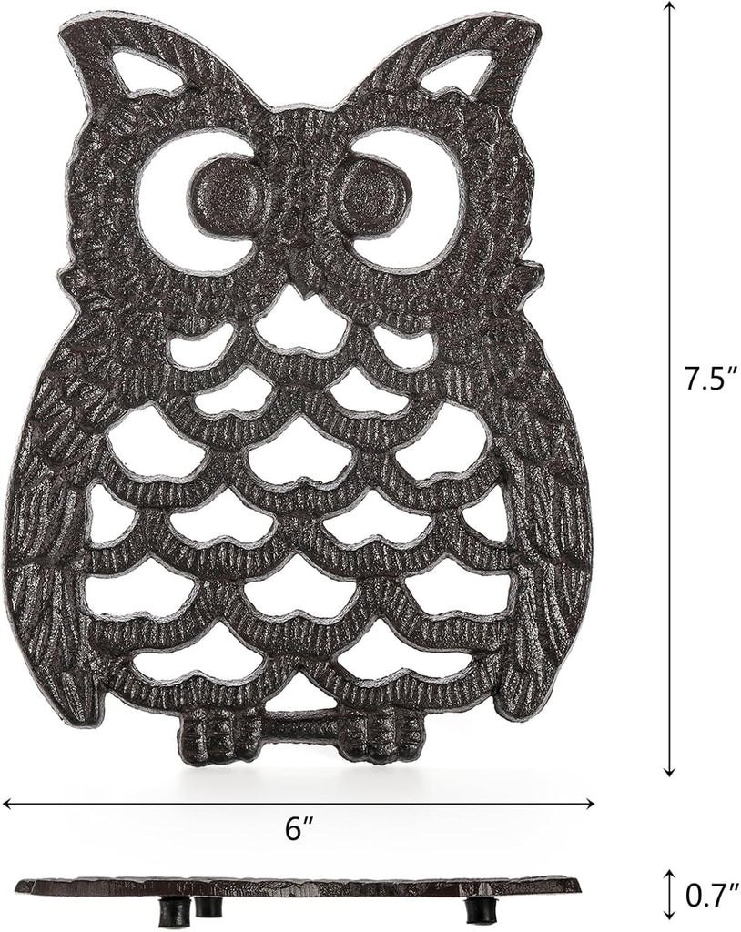 Cast Iron Owl Trivets, Heavy Duty Cast Iron Trivet with Rubber Pegs, Decorative Trivet Counter or Dining Table - Set of 2