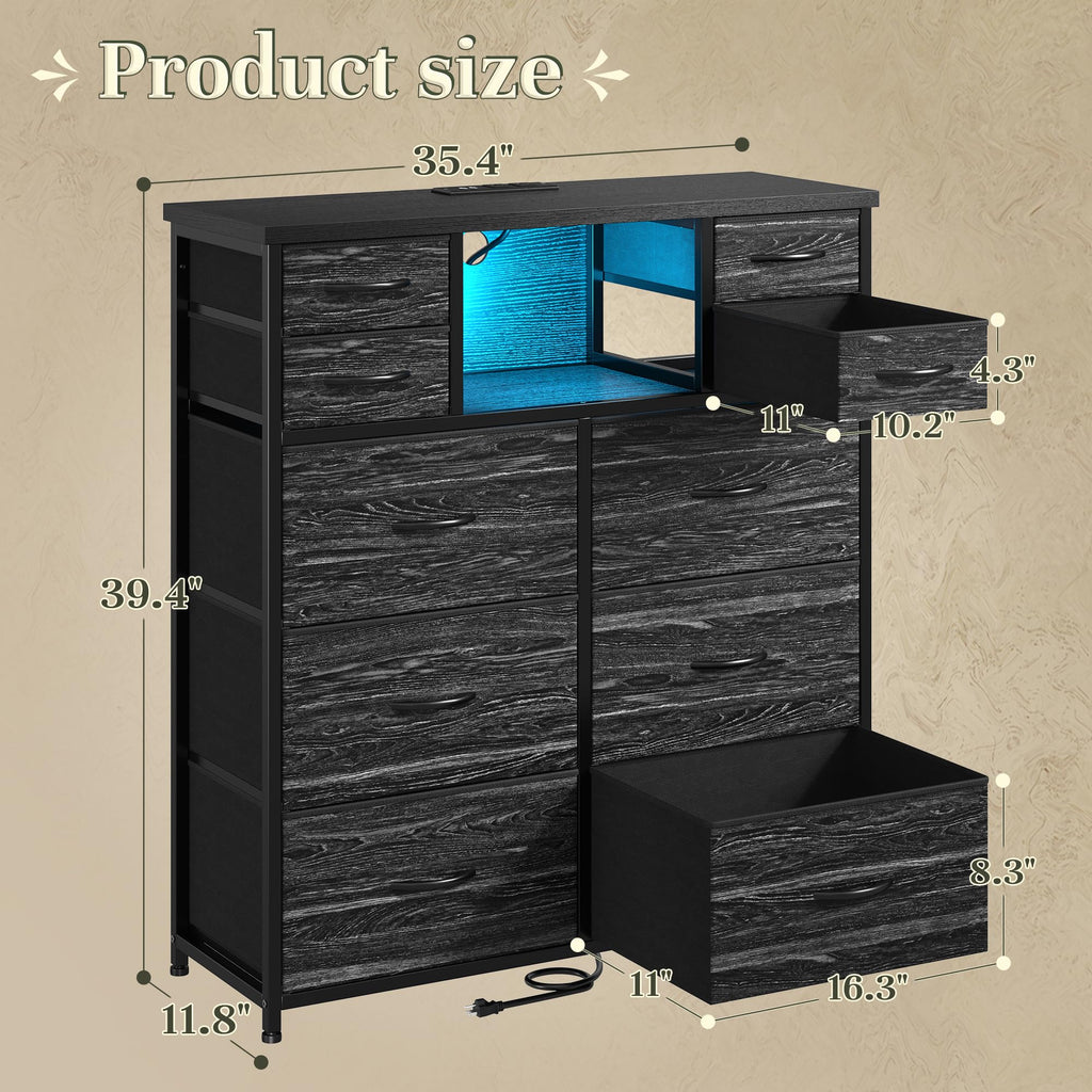 Black Dresser with Charging Station & LED, 10 Drawers
