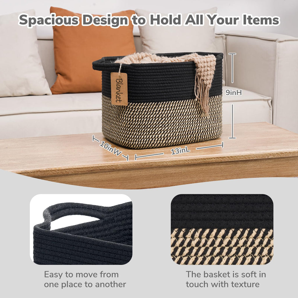Woven Storage Basket for Shelves, Rectangle, Black & Jute