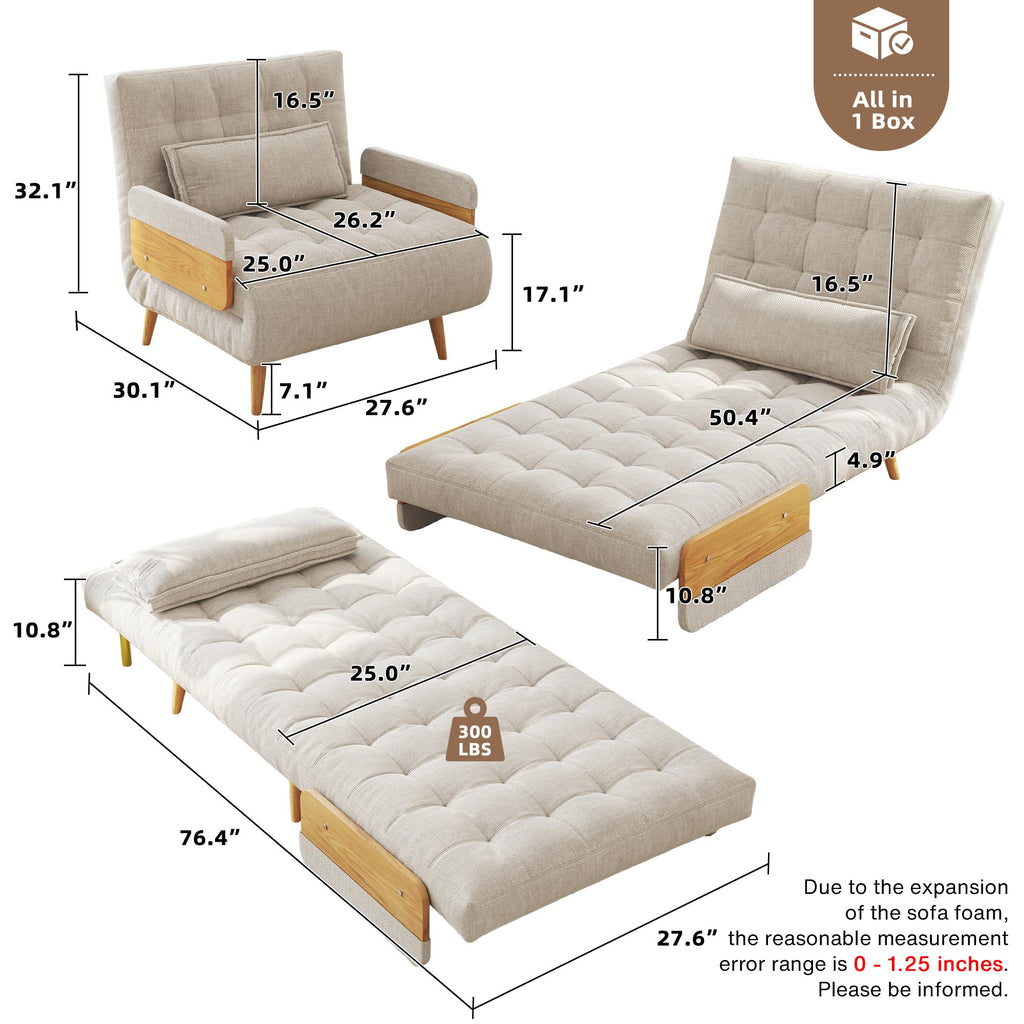 Convertible Sofa Chair Bed, 28" Mid-Century Sleeper for Adults